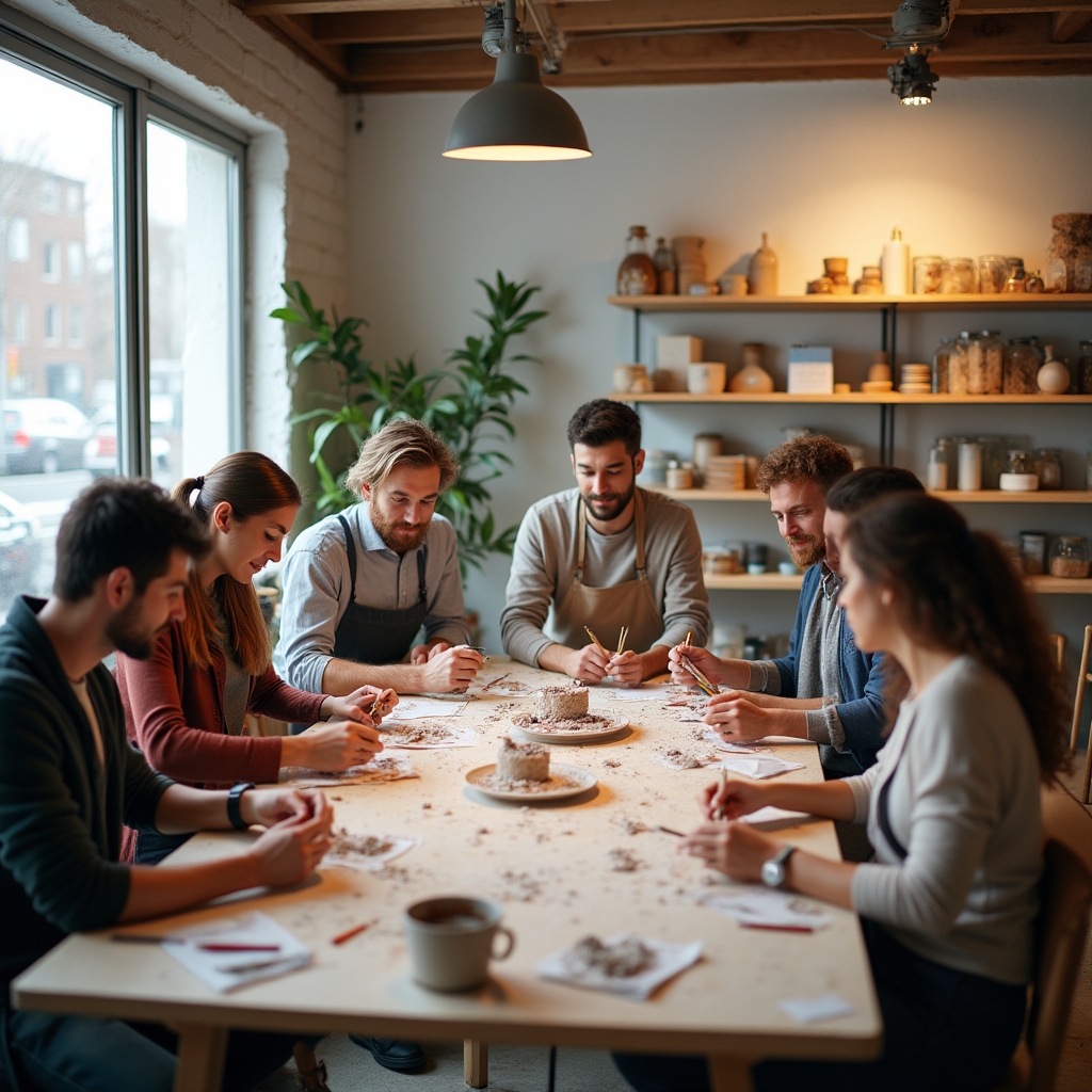 Atelier creativ pentru adulți desfășurat în weekend într-un spațiu comercial transformat
